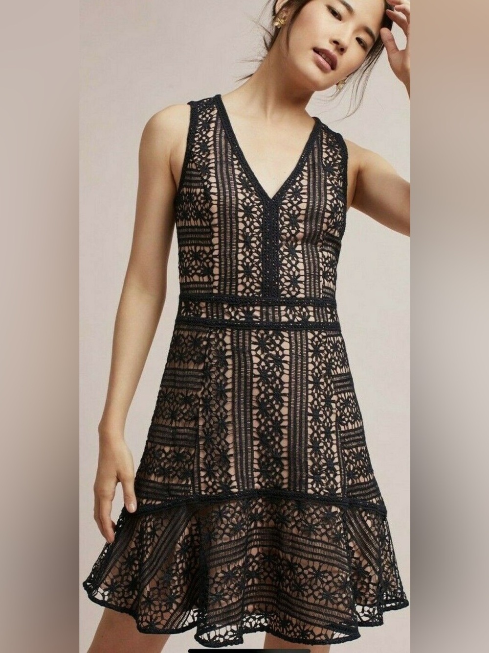 Greylin Anthropolgie Black Lace Midi Dress with Nude Lining Size Small
